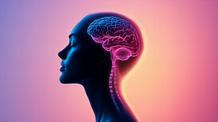 Fototapeta premium Serene profile of a woman's head with a highlighted brain and spinal cord, set against a soft pink and purple gradient background. 