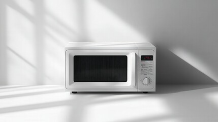 Fototapeta premium Modern white microwave oven on a minimalist countertop with soft shadows, creating a clean and stylish kitchen atmosphere, perfect for contemporary cooking and home decor.