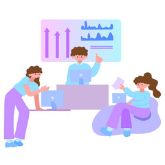 teamwork meeting and discussing data analysis and growth flat design illustration