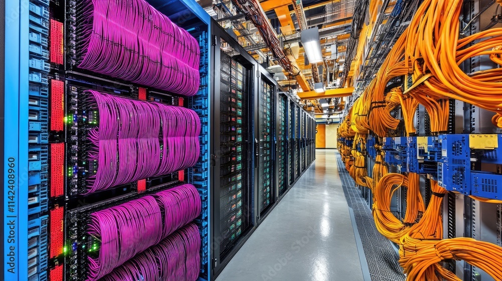 Poster a modern server room filled with large storage arrays and fiber optic cables, highlighting high-spee