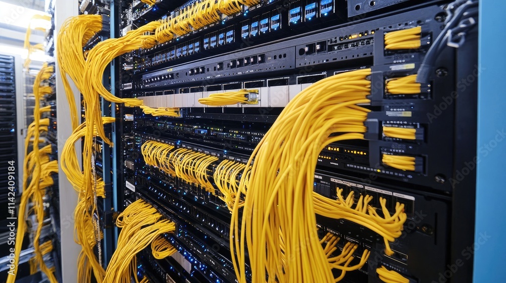 Poster a modern server room filled with large storage arrays and fiber optic cables, highlighting high-spee