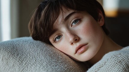 close up portrait of a person with short brown hair resting on a cushion
