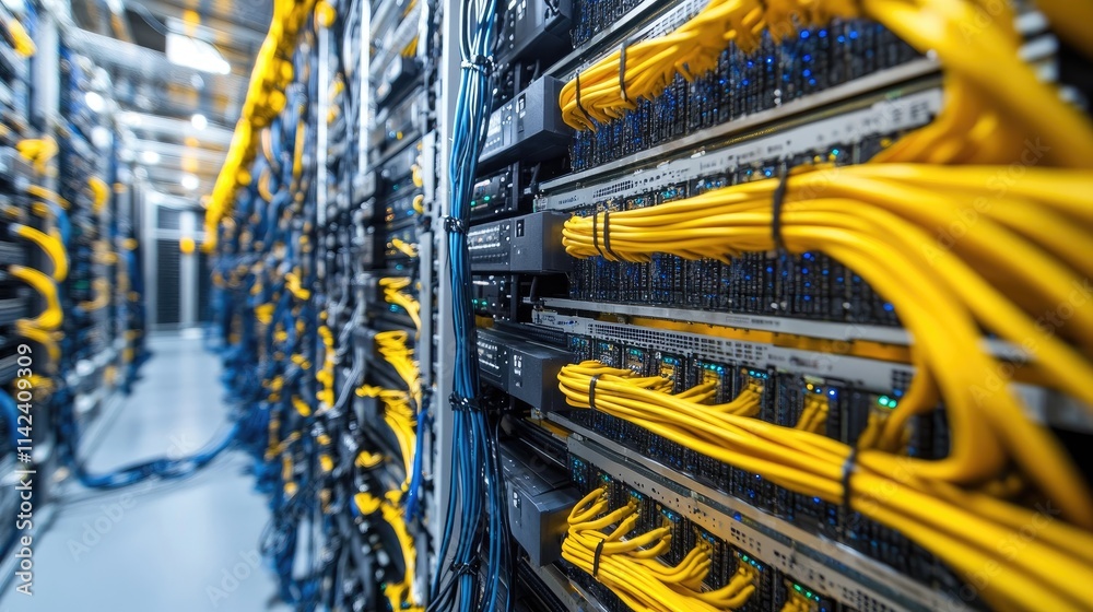 Poster a modern server room with intricate fiber optic cables and storage systems for rapid data transfer, 
