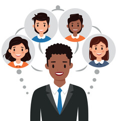 People icons with dialog speech bubbles. New creative projects concept. Vector illustration. Cartoon Male boss thinks about his colleagues, colleagues think about each other
