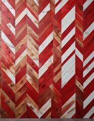 Fototapeta premium Red and white herringbone pattern on a wooden wall panel, vintage-inspired home., classic decor, rustic elements, red and white interior