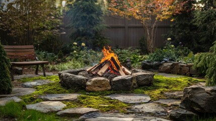 Outdoor bonfire with burning logs surrounded by mossy stones, creating a warm and inviting atmosphere.