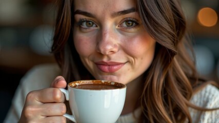Portrait of beautiful smiling American woman, Beauty face of  European female, drinking cup of hot chocolate or coffee in cafe