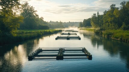 Obraz premium A peaceful river with fish farming cages, highlighting sustainability in aquaculture, perfect for environmental content with ample space for text