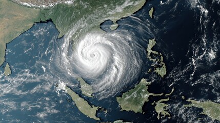 Satellite view of a super typhoon over the ocean, with a clearly defined eye and swirling white clouds extending for miles.