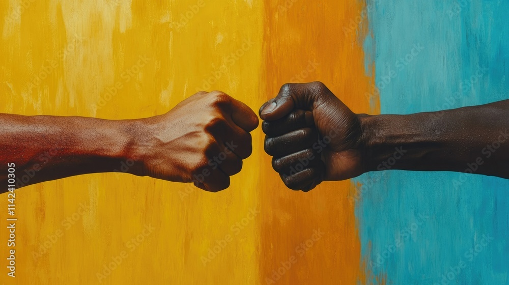 Poster a powerful image of two fists from different races bumping together, symbolizing unity and the fight