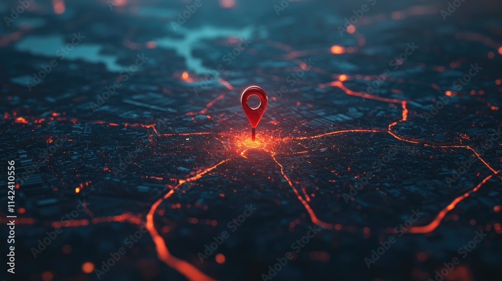 Poster A red pin placed on a map, highlighting an entire country with visible roads and cities, showcasing the power of precise location tracking.