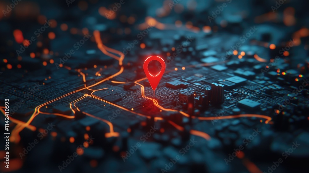 Poster A red pin placed on a map, highlighting an entire country with visible roads and cities, showcasing the power of precise location tracking.