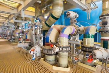 Water pumps in the tanks of a reverse osmosis desalination plant.