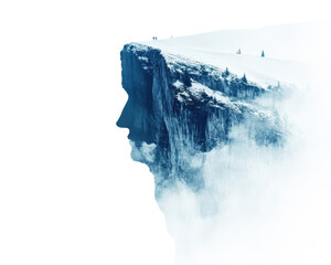 Mountain landscape with a human profile silhouette in the clouds.