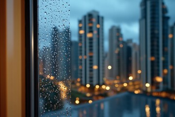 A cinematic scene of a window frame at dusk, with raindrops on the glass and a blurry cityscape beyond