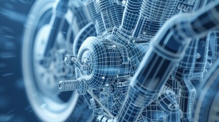 Wireframe Motorcycle Engine Close-Up