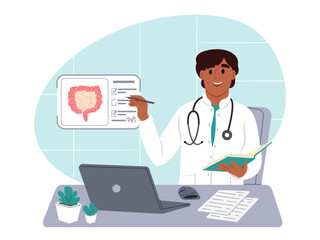 Doctor looks at a intestine scan on a virtual screen while sitting at a table in a hospital. Doctor who studies intestinal diseases. Vector flat illustration