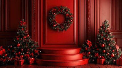 A red podium in a room filled with red Christmas decorations, perfect for holiday presentations or awards, offering space for seasonal text
