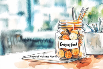 Financial Wellness Month watercolor illustration with a jar labeled emergency fund filled with coins and pens on a desk.