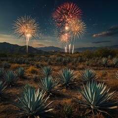 A scenic view of the Mexican countryside with fields of agave plants and a grand celebration for Mexican Independence Day, with fireworks lighting up the sky.