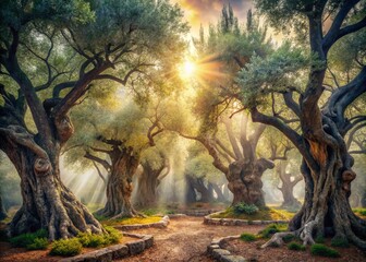 Obraz premium Ancient Olive Trees Garden Gethsemane Jerusalem Double Exposure Photography