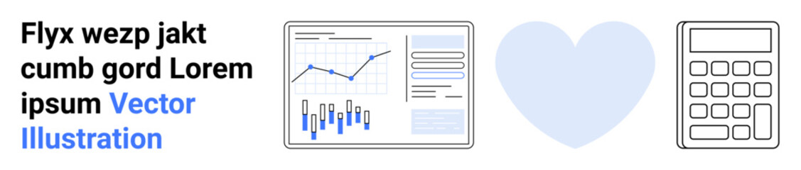 Text placeholder, analytics dashboard with bar and line chart, blue heart shape, and calculator. Ideal for business, finance, data visualization, love, analytics, statistics, web elements. Landing