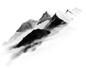 Mountain peaks emerging from clouds, black and white artistic representation.