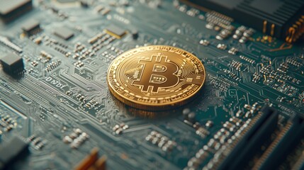 Fototapeta na wymiar Golden Bitcoin Coin on Circuit Board Background Representing Cryptocurrency