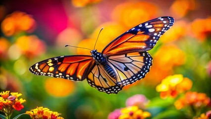 Naklejka premium Animated Monarch Butterfly, Candid Photoshoot, Closeup, Flying Insect, Nature Photography, Wildlife, Macro Photography, Flutterby