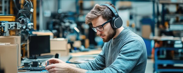 A focused individual wearing headphones works on a project in a workshop, surrounded by tools and boxes, showcasing a hands-on approach to technology and craftsmanship.