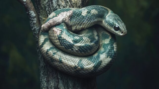 A snake elegantly coiled around a tree branch, blending perfectly with the natural surroundings, showcasing the harmony of wildlife in its environment