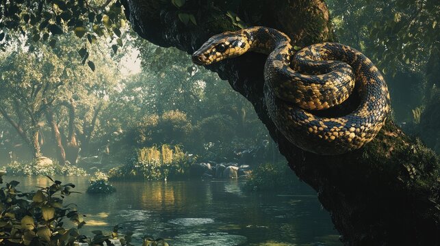 A snake elegantly coiled around a tree branch, blending perfectly with the natural surroundings, showcasing the harmony of wildlife in its environment