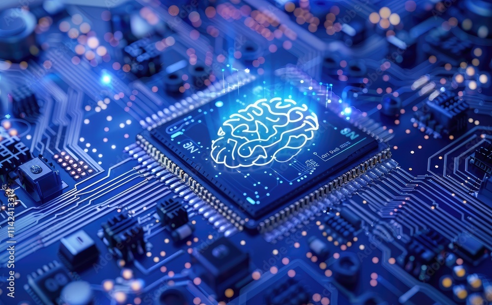 Poster artificial and natural intelligence converge on a chip with a glowing brain icon against a blue circ
