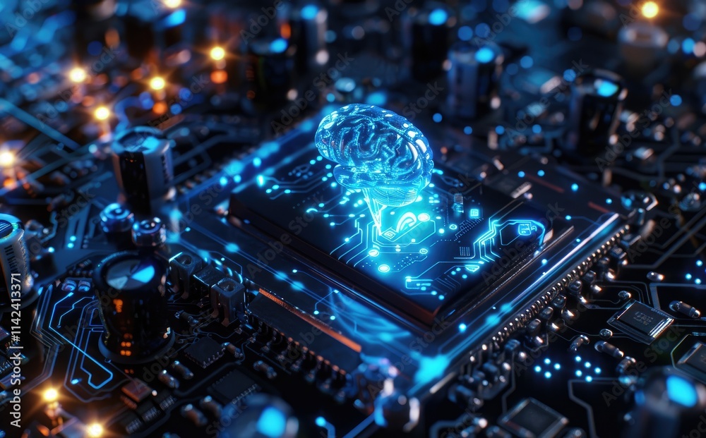 Poster a blue glowing brain floating above an electronic circuit board, symbolizing artificial intelligence