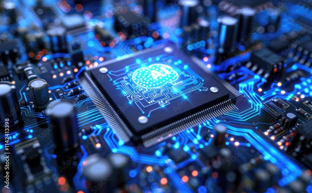 Poster close-up of an advanced ai computer chip with glowing blue circuitry and ai symbol, surrounded by ch