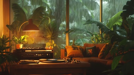 cozy lo-fi living room in a jungle setting, warm ambient lighting, surrounded by lush green plants and rain gently falling on large glass windows, 