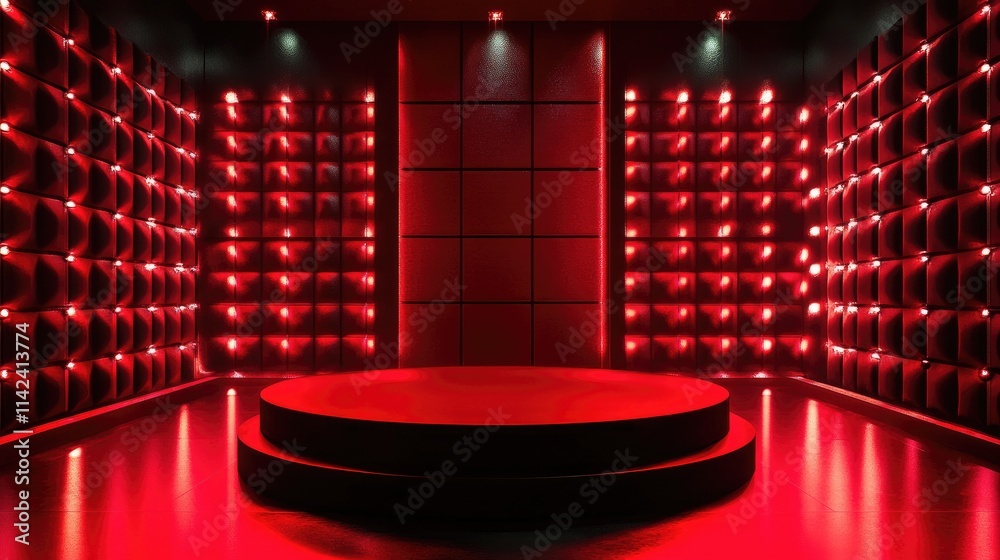 Fototapete a striking red podium in a studio room, illuminated by vibrant red light, ideal for events or presen