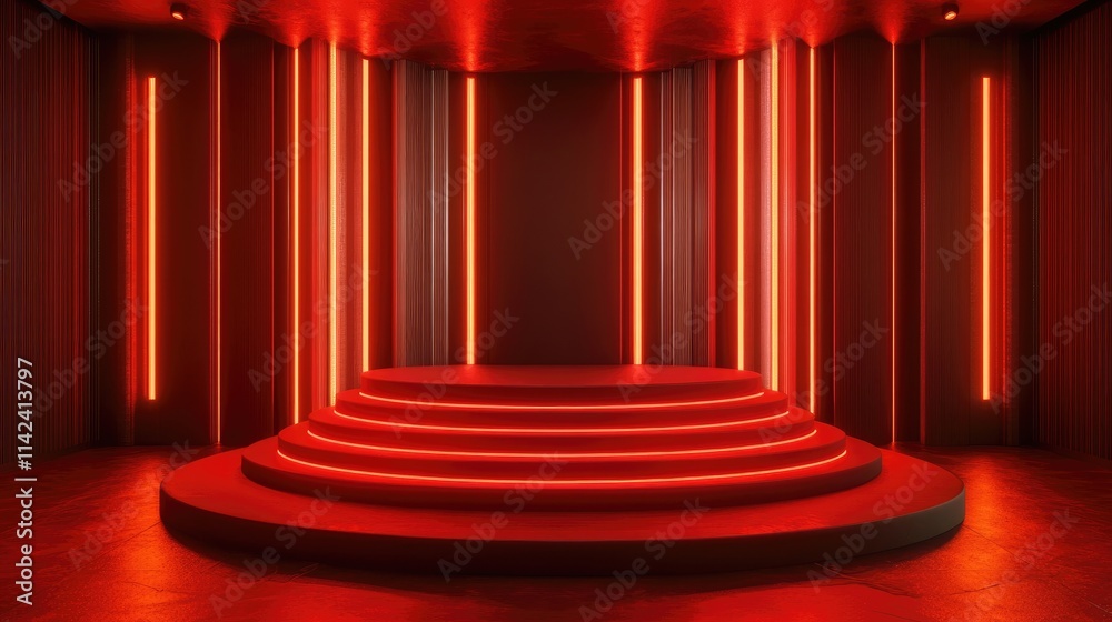 Fototapete a striking red podium in a studio room, illuminated by vibrant red light, ideal for events or presen