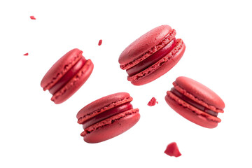 Red Macarons in Mid-Air Floating Elegantly Isolated on Transparent Background