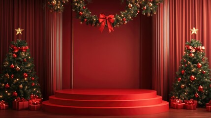 A striking red podium in a room adorned with Christmas decorations, ideal for festive content or holiday ceremonies, with large space for text in the center