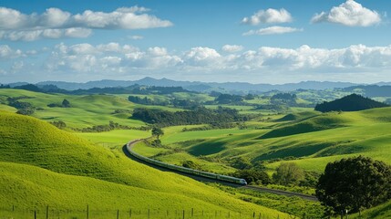 Naklejka premium A high-speed train crossing a lush green valley, with rolling hills and a clear blue sky creating a picturesque landscape