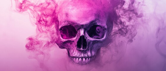 a skull surrounded by pink smoke