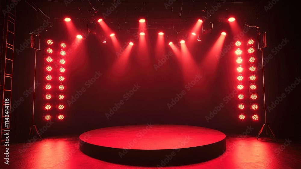 Poster A studio with a red podium illuminated by red lights, setting a dramatic and festive atmosphere, offering large space for text