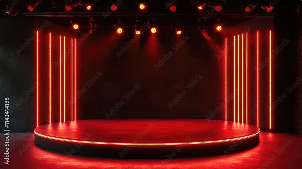 Poster A studio with a red podium illuminated by red lights, setting a dramatic and festive atmosphere, offering large space for text