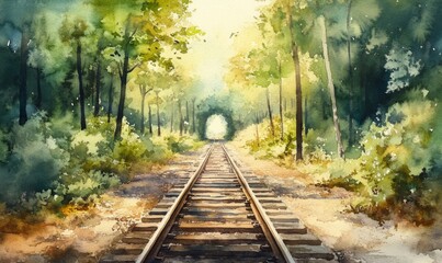 Fototapeta premium Watercolor a railway in the spring forest. Tunnel of Love, green trees and the railroad