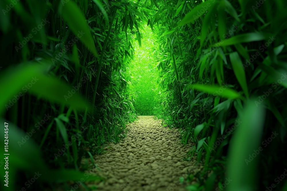 Poster a dense bamboo forest with tall stalks creating natural tunnels of green, and light gently filtering