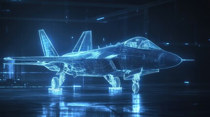 A stunning wireframe hologram of a fighter jet illuminated with blue light, set on a dark tarmac, ideal for showcasing high-tech content with text