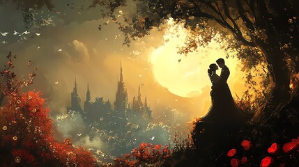 Fototapeta premium Romantic silhouette under a glowing sunset.