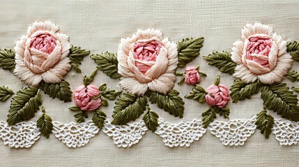 Vintage rose pattern embroidery: A traditional embroidered rose design with vintage style stitching on linen, with lace edges