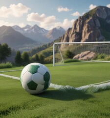 Soccer ball sitting on top of a soccer goal with a scenic green hill or mountain range in the background , outdoor scenery, mountain, solitary, sports equipment